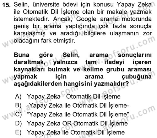Büro Teknolojileri Dersi Ara Sınavı Deneme Sınav Soruları 15. Soru
