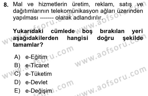 Büro Teknolojileri Dersi Ara Sınavı Deneme Sınav Soruları 8. Soru