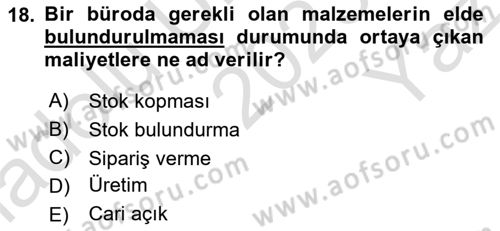 Büro Teknolojileri Dersi 2023 - 2024 Yılı Yaz Okulu Sınav Soruları 18. Soru