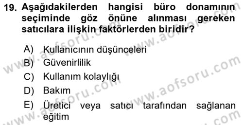 Büro Teknolojileri Dersi 2023 - 2024 Yılı Yaz Okulu Sınav Soruları 19. Soru