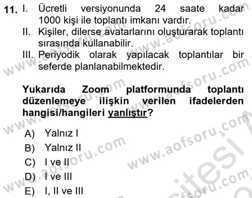 Büro Teknolojileri Dersi Ara Sınavı Deneme Sınav Soruları 11. Soru