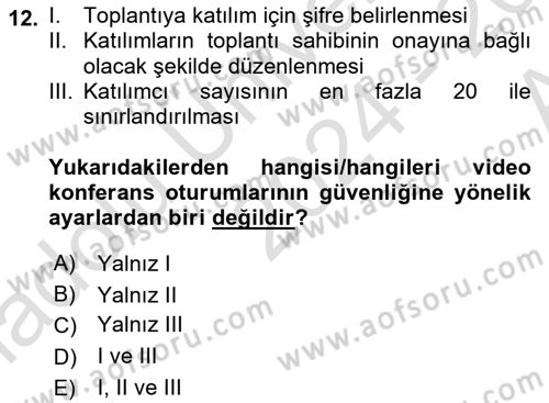 Büro Teknolojileri Dersi Ara Sınavı Deneme Sınav Soruları 12. Soru