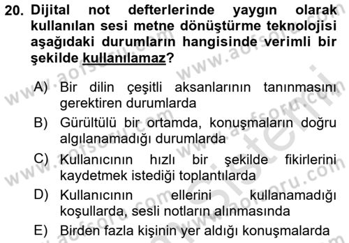 Büro Teknolojileri Dersi Ara Sınavı Deneme Sınav Soruları 20. Soru