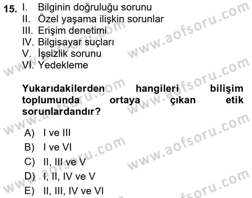 Büro Teknolojileri Dersi 2024 - 2025 Yılı (Final) Dönem Sonu Sınav Soruları 15. Soru