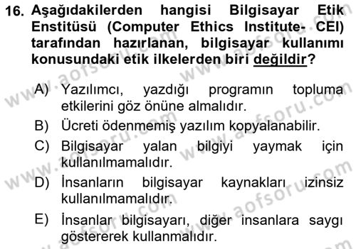 Büro Teknolojileri Dersi 2024 - 2025 Yılı Yaz Okulu Sınav Soruları 16. Soru