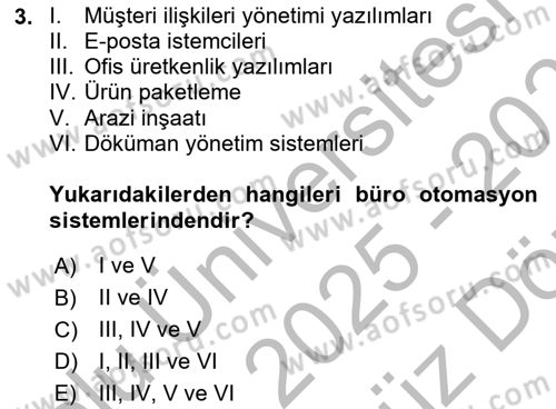 Büro Teknolojileri Dersi 2025 - 2026 Yılı (Vize) Ara Sınav Soruları 3. Soru