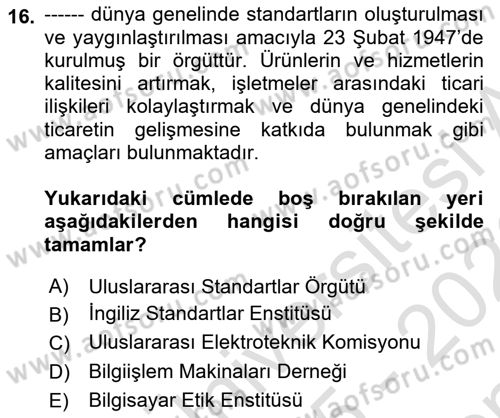 Büro Teknolojileri Dersi 2025 - 2026 Yılı (Final) Dönem Sonu Sınav Soruları 16. Soru
