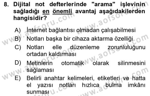 Büro Teknolojileri Dersi 2025 - 2026 Yılı Yaz Okulu Sınav Soruları 8. Soru