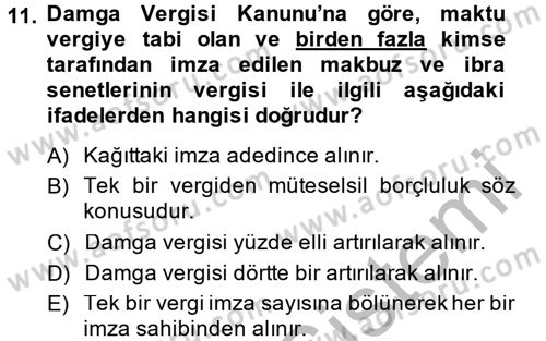 Damga Vergisi Ve Harçlar Bilgisi Dersi Ara Sınavı Deneme Sınav Soruları 11. Soru