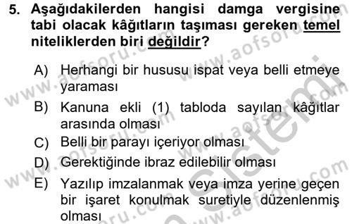 Damga Vergisi Ve Harçlar Bilgisi Dersi 2016 - 2017 Yılı (Vize) Ara Sınav Soruları 5. Soru