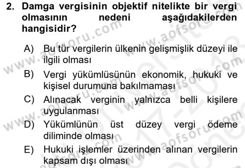 Damga Vergisi Ve Harçlar Bilgisi Dersi 2017 - 2018 Yılı (Final) Dönem Sonu Sınav Soruları 2. Soru