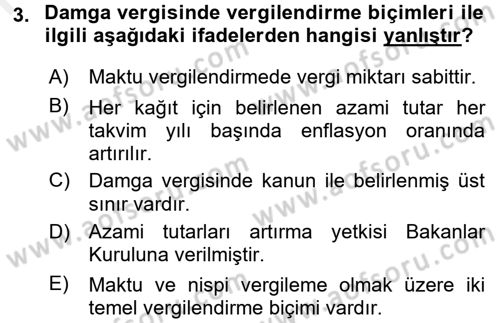 Damga Vergisi Ve Harçlar Bilgisi Dersi 2017 - 2018 Yılı (Final) Dönem Sonu Sınav Soruları 3. Soru