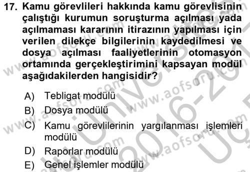 Ulusal Yargı Ağı Projesi 2 Dersi 2016 - 2017 Yılı 3 Ders Sınav Soruları 17. Soru