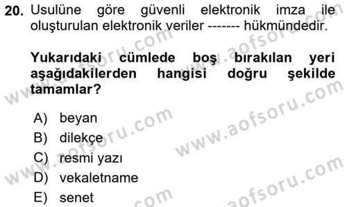Mesleki Bilgisayar Ve Uyap Dersi 2023 - 2024 Yılı Yaz Okulu Sınav Soruları 20. Soru