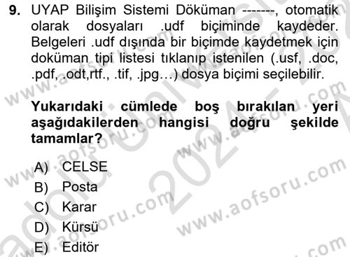 Mesleki Bilgisayar Ve Uyap Dersi 2024 - 2025 Yılı (Vize) Ara Sınav Soruları 9. Soru