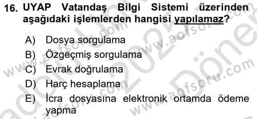 Mesleki Bilgisayar Ve Uyap Dersi 2025 - 2026 Yılı (Final) Dönem Sonu Sınav Soruları 16. Soru