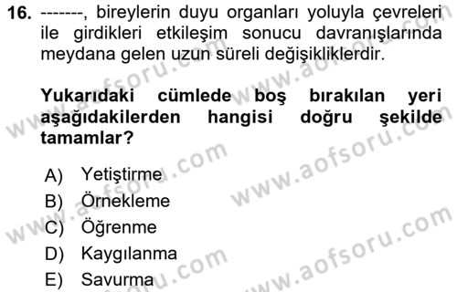 Acil Durum ve Afet Farkındalık Eğitimi Dersi 2018 - 2019 Yılı 3 Ders Sınav Soruları 16. Soru
