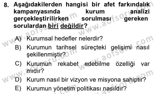 Acil Durum ve Afet Farkındalık Eğitimi Dersi 2018 - 2019 Yılı 3 Ders Sınav Soruları 8. Soru