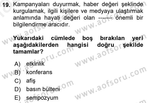 Acil Durum ve Afet Farkındalık Eğitimi Dersi 2018 - 2019 Yılı (Vize) Ara Sınavı 19. Soru