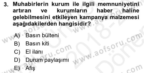 Acil Durum ve Afet Farkındalık Eğitimi Dersi 2018 - 2019 Yılı (Final) Dönem Sonu Sınav Soruları 3. Soru
