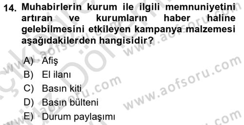 Acil Durum ve Afet Farkındalık Eğitimi Dersi Ara Sınavı Deneme Sınav Soruları 14. Soru