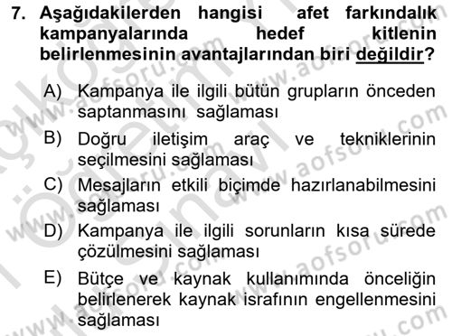 Acil Durum ve Afet Farkındalık Eğitimi Dersi 2020 - 2021 Yılı Yaz Okulu Sınav Soruları 7. Soru