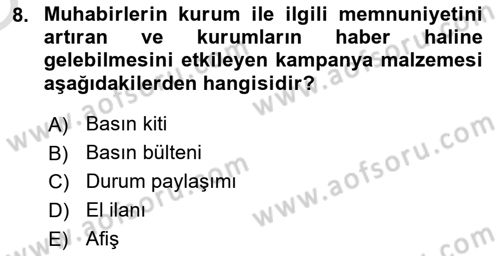 Acil Durum ve Afet Farkındalık Eğitimi Dersi 2020 - 2021 Yılı Yaz Okulu Sınav Soruları 8. Soru
