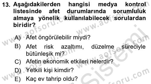 Acil Durum ve Afet Farkındalık Eğitimi Dersi Ara Sınavı Deneme Sınav Soruları 13. Soru