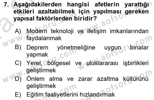 Acil Durum ve Afet Farkındalık Eğitimi Dersi Ara Sınavı Deneme Sınav Soruları 7. Soru