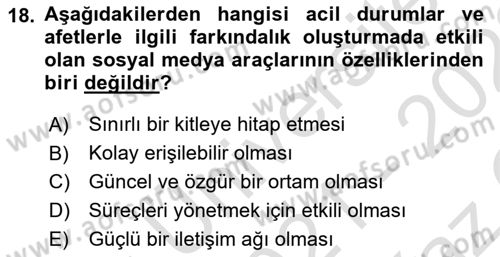Acil Durum ve Afet Farkındalık Eğitimi Dersi 2021 - 2022 Yılı Yaz Okulu Sınav Soruları 18. Soru