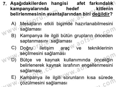 Acil Durum ve Afet Farkındalık Eğitimi Dersi 2021 - 2022 Yılı Yaz Okulu Sınav Soruları 7. Soru
