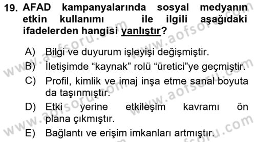 Acil Durum ve Afet Farkındalık Eğitimi Dersi Ara Sınavı Deneme Sınav Soruları 19. Soru