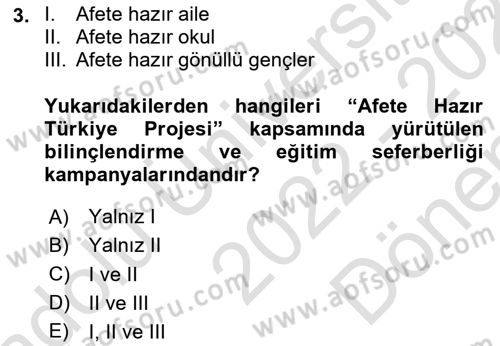 Acil Durum ve Afet Farkındalık Eğitimi Dersi 2022 - 2023 Yılı (Final) Dönem Sonu Sınav Soruları 3. Soru