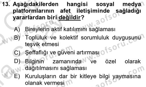 Acil Durum ve Afet Farkındalık Eğitimi Dersi Ara Sınavı Deneme Sınav Soruları 13. Soru