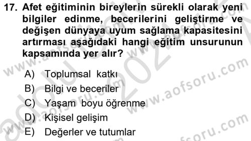 Acil Durum ve Afet Farkındalık Eğitimi Dersi Ara Sınavı Deneme Sınav Soruları 17. Soru
