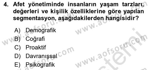 Acil Durum ve Afet Farkındalık Eğitimi Dersi Ara Sınavı Deneme Sınav Soruları 4. Soru