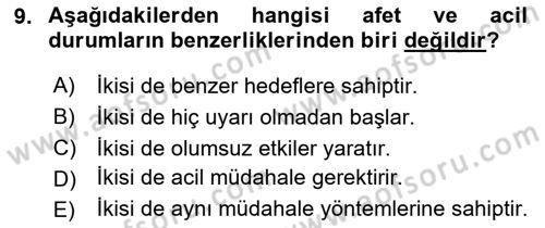 Acil Durum ve Afet Farkındalık Eğitimi Dersi Ara Sınavı Deneme Sınav Soruları 9. Soru