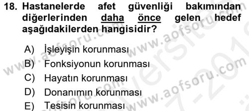 Afet Tıbbı ve Yönetim İlkeleri Dersi 2017 - 2018 Yılı (Vize) Ara Sınav Soruları 18. Soru