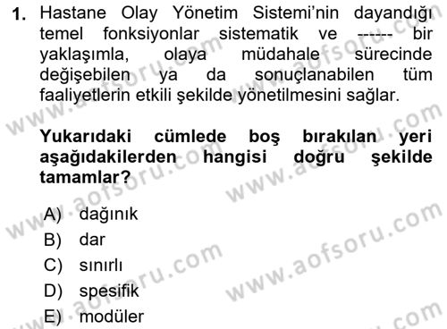 Afet Tıbbı ve Yönetim İlkeleri Dersi 2018 - 2019 Yılı (Final) Dönem Sonu Sınav Soruları 1. Soru