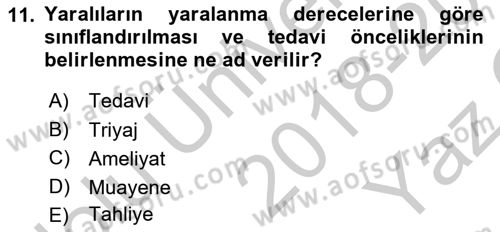 Afet Tıbbı ve Yönetim İlkeleri Dersi 2018 - 2019 Yılı Yaz Okulu Sınav Soruları 11. Soru