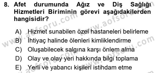 Afet Tıbbı ve Yönetim İlkeleri Dersi 2020 - 2021 Yılı Yaz Okulu Sınav Soruları 8. Soru