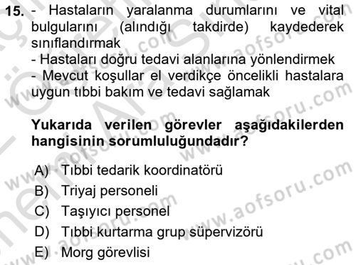 Afet Tıbbı ve Yönetim İlkeleri Dersi 2021 - 2022 Yılı (Vize) Ara Sınav Soruları 15. Soru