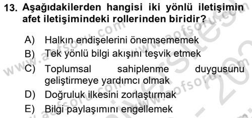 Afet Tıbbı ve Yönetim İlkeleri Dersi 2023 - 2024 Yılı (Vize) Ara Sınav Soruları 13. Soru
