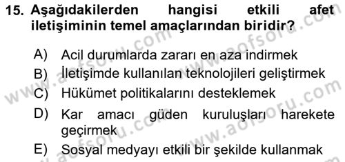 Afet Tıbbı ve Yönetim İlkeleri Dersi 2023 - 2024 Yılı (Vize) Ara Sınav Soruları 15. Soru