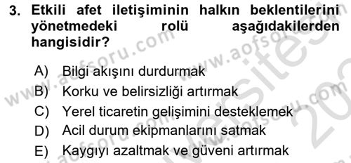 Afet Tıbbı ve Yönetim İlkeleri Dersi 2023 - 2024 Yılı (Final) Dönem Sonu Sınav Soruları 3. Soru