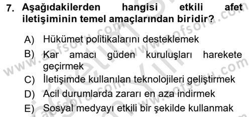 Afet Tıbbı ve Yönetim İlkeleri Dersi 2023 - 2024 Yılı Yaz Okulu Sınav Soruları 7. Soru