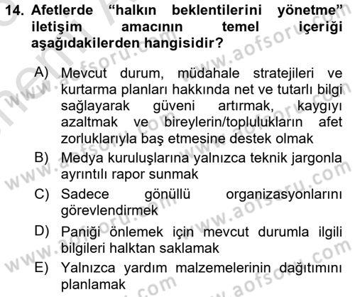 Afet Tıbbı ve Yönetim İlkeleri Dersi 2025 - 2026 Yılı (Vize) Ara Sınav Soruları 14. Soru
