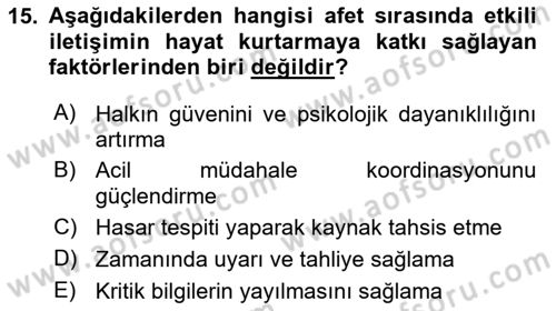 Afet Tıbbı ve Yönetim İlkeleri Dersi 2025 - 2026 Yılı (Vize) Ara Sınav Soruları 15. Soru