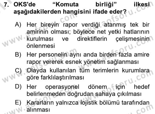 Afet Tıbbı ve Yönetim İlkeleri Dersi 2025 - 2026 Yılı (Vize) Ara Sınav Soruları 7. Soru