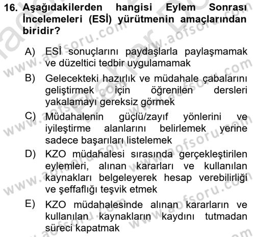 Afet Tıbbı ve Yönetim İlkeleri Dersi 2025 - 2026 Yılı (Final) Dönem Sonu Sınav Soruları 16. Soru